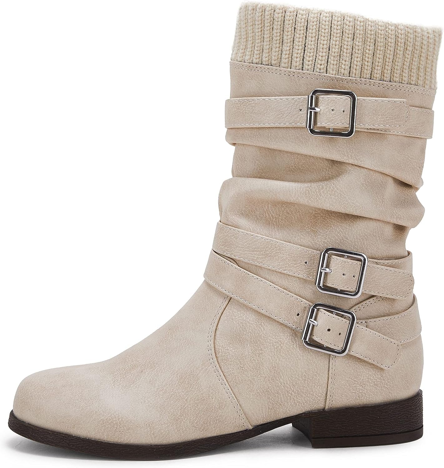 Chic Women's Slouchy Mid Calf Buckle Strap Booties - Faux Leather Winter Riding Boots with Low Chunky Heel