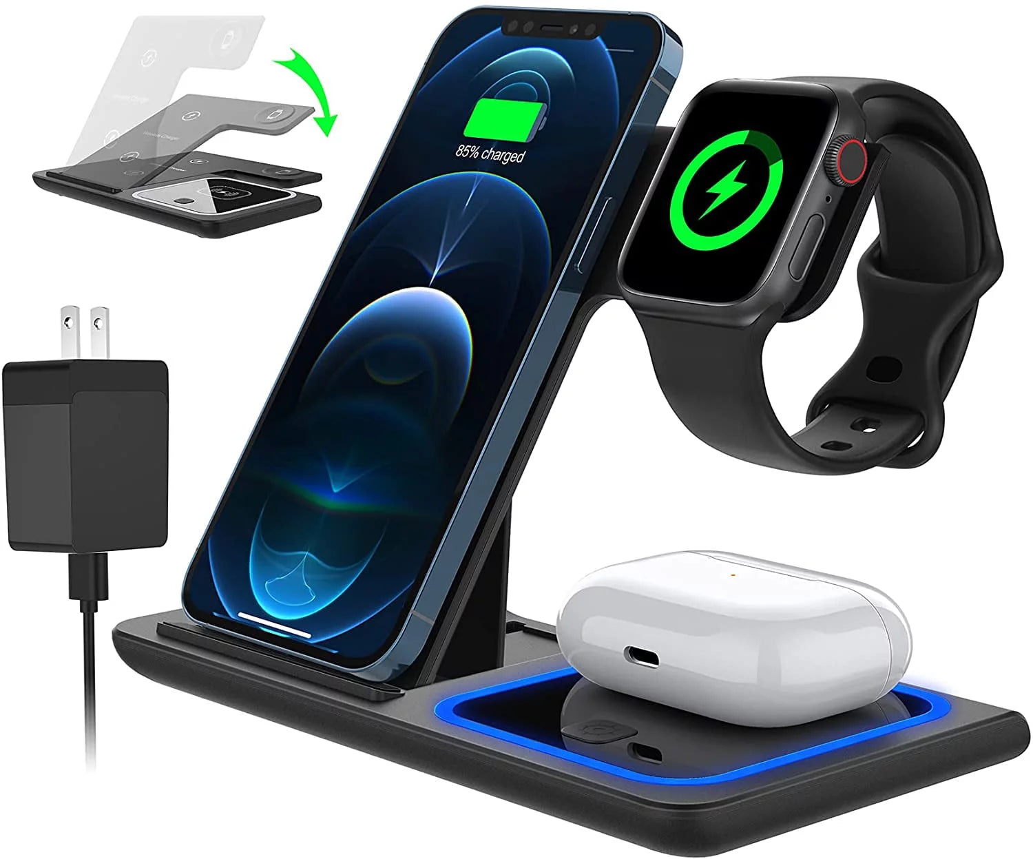 Ultimate 3-in-1 Wireless Charger Station - 18W Fast Charging for iPhone 16/15/14/13/12/11/Pro Max/Plus, Compatible with Apple Watch Series SE 10/9/8/7/6/5/4/3 & AirPods Pro/3/2 (Includes QC3.0 Adapter)