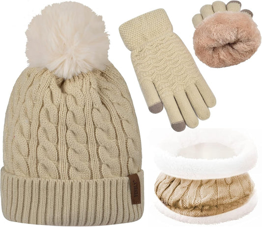 Winter Women's 3-Piece Beanie Hat, Scarf, and Touchscreen Gloves Set - Classic Knit, Warm Chunky Fleece-Lined Cable Cap