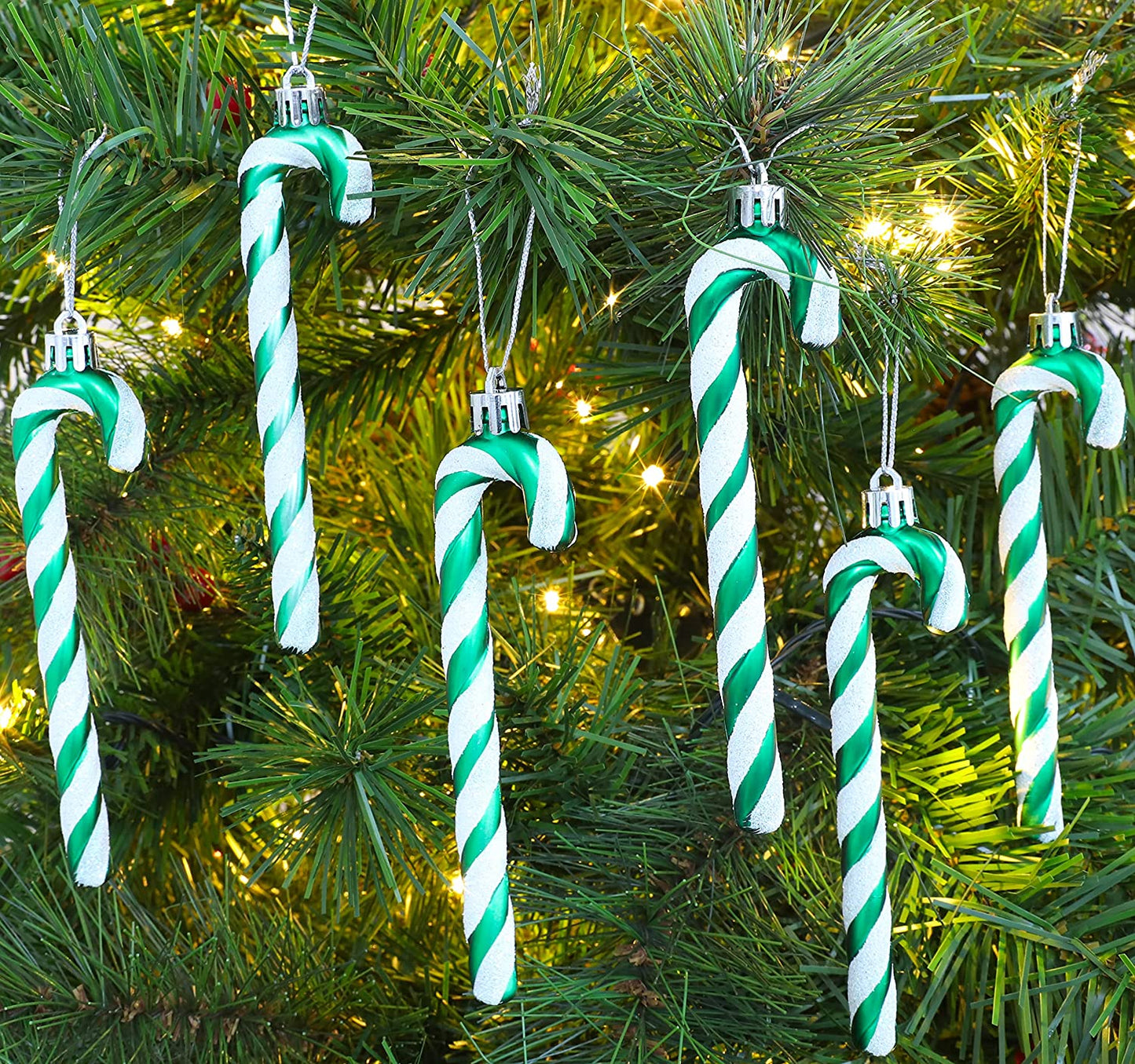 Emerald Green Glitter Candy Cane Christmas Tree Ornaments - Pack of 6 (13cm)