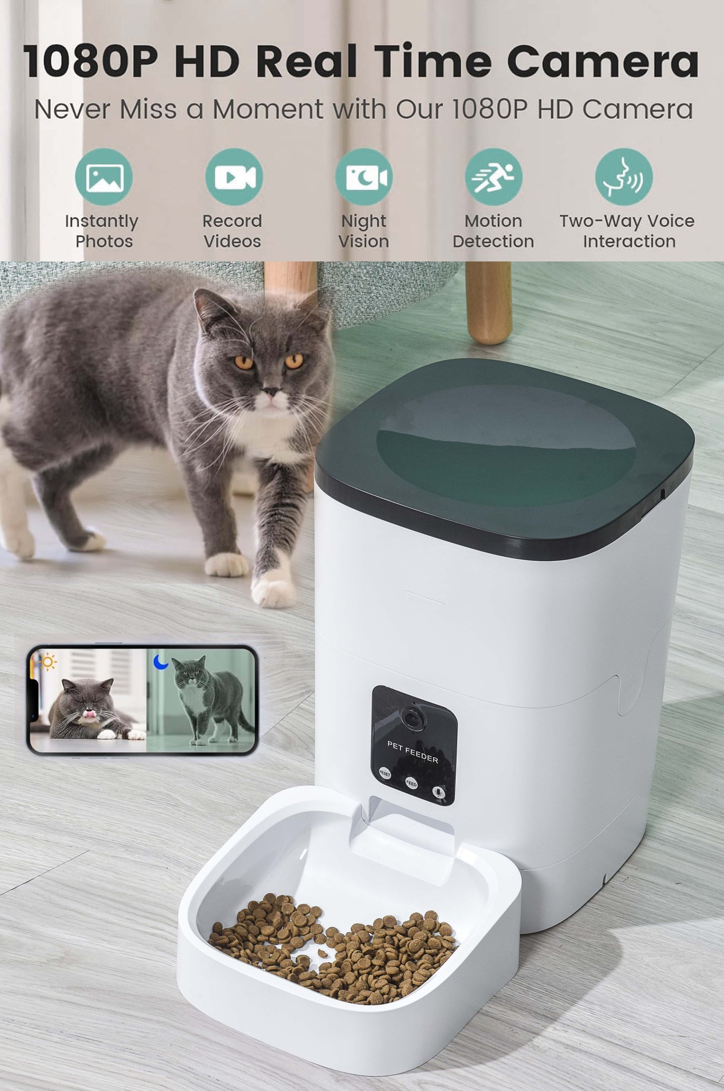 Smart 6L Automatic Pet Feeder with 1080P Camera & App Control - Timed Feeding for Cats & Dogs, Voice Recorder, Dual Power Supply, WiFi Enabled