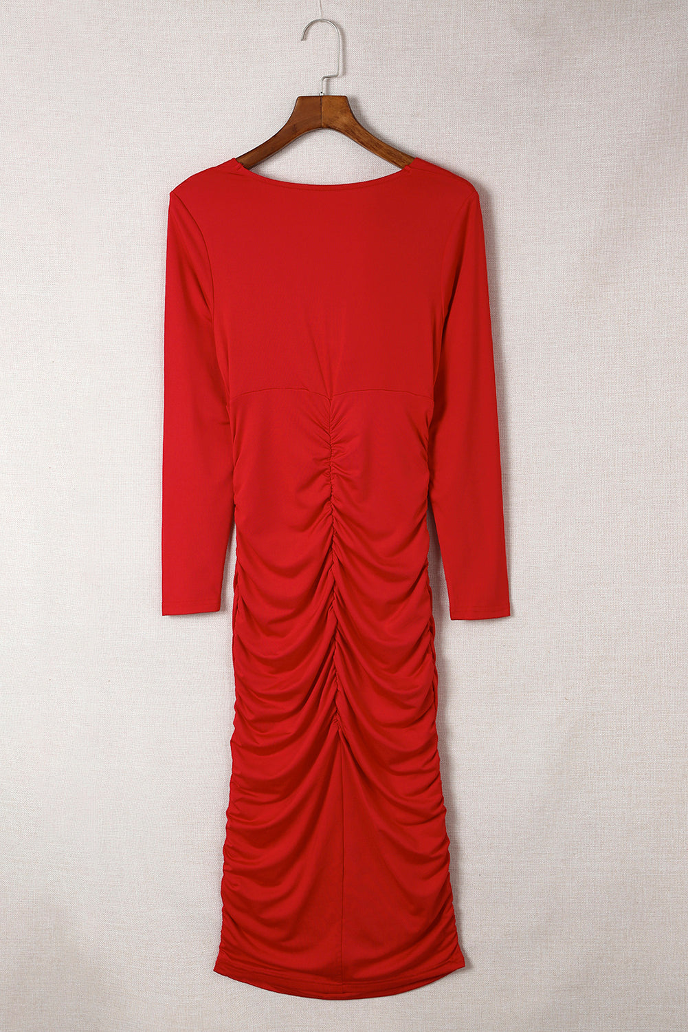 Fiery Red Long Sleeves Wrap V Neck Ruched Sheath Bodycon Dress